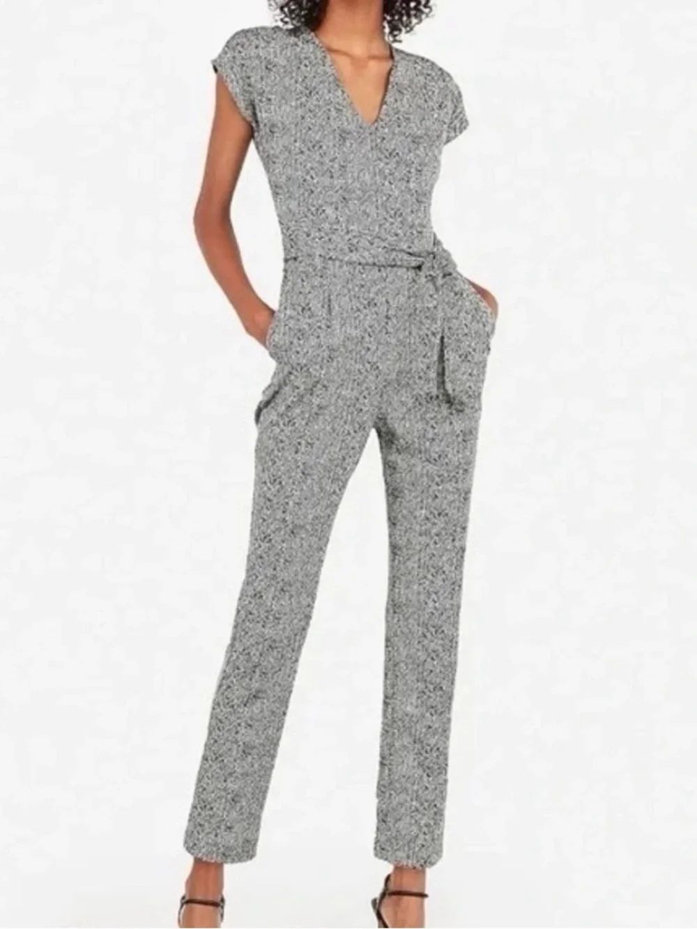 Express Black & White Patterned Straight Leg Tie Waist Jumpsuit